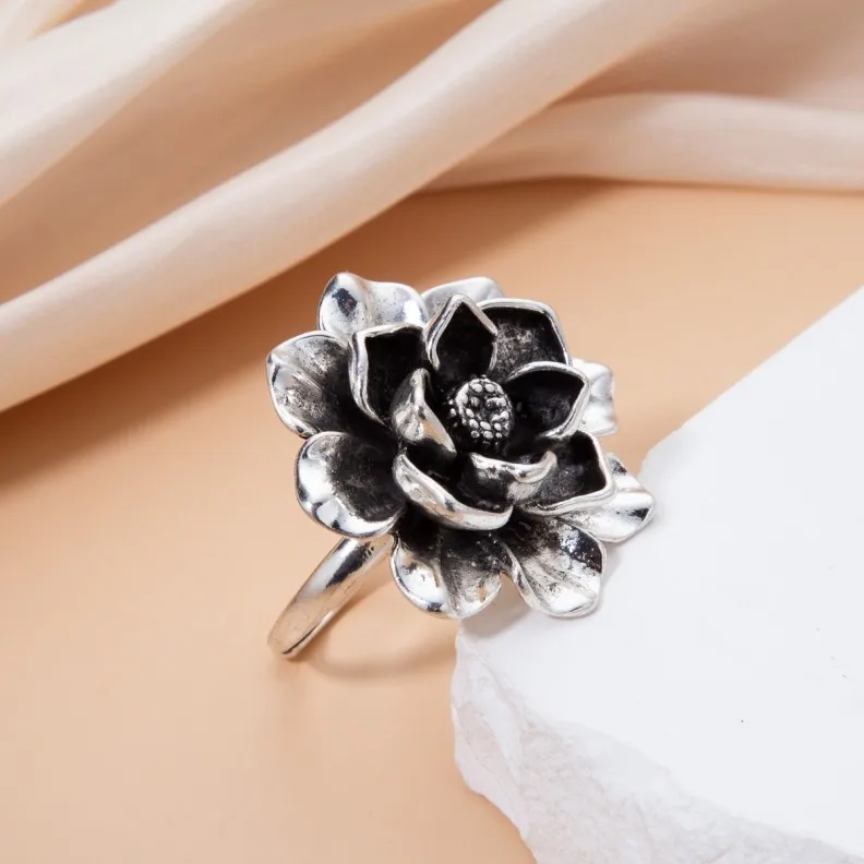 Fashion Vintage Customize Versatile Accessory 14k Solid Rose Gold Flower Adjustable Opening Ring for Women