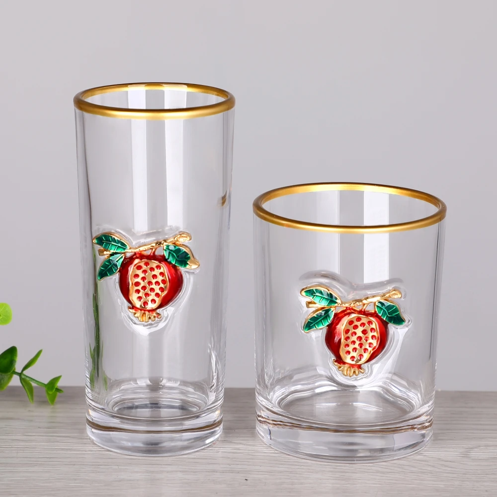 Ready to Ship Christmas Fruit Raised 3D Enamel Applique Motif Gold Rim Highball Cooler Double Old Fashioned Rocks Tumbler Glass