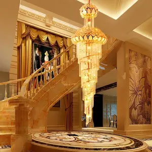European Duplex Building Hanging Light Hotel Staircase Led Gold K9 Crystal Large Chandelier