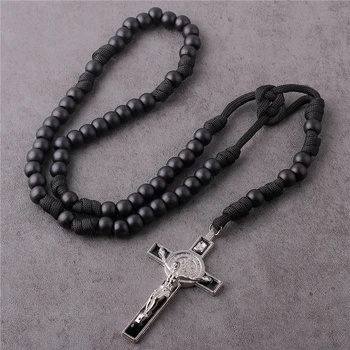Classic Matte Black 10mm Plastic Beads Cording Woven Crucifix Pendant Religious Catholic Men's Rosary Necklace for Prayer