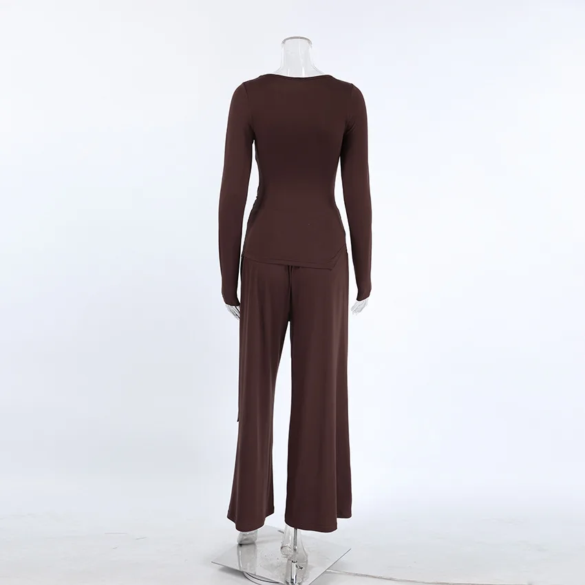 2026 Knitted Comfortable Soft Long-Sleeve Pajama Set for Women, Autumn Loose-Fit Brown Elegant Stretchy Ladies' Homewear — detail