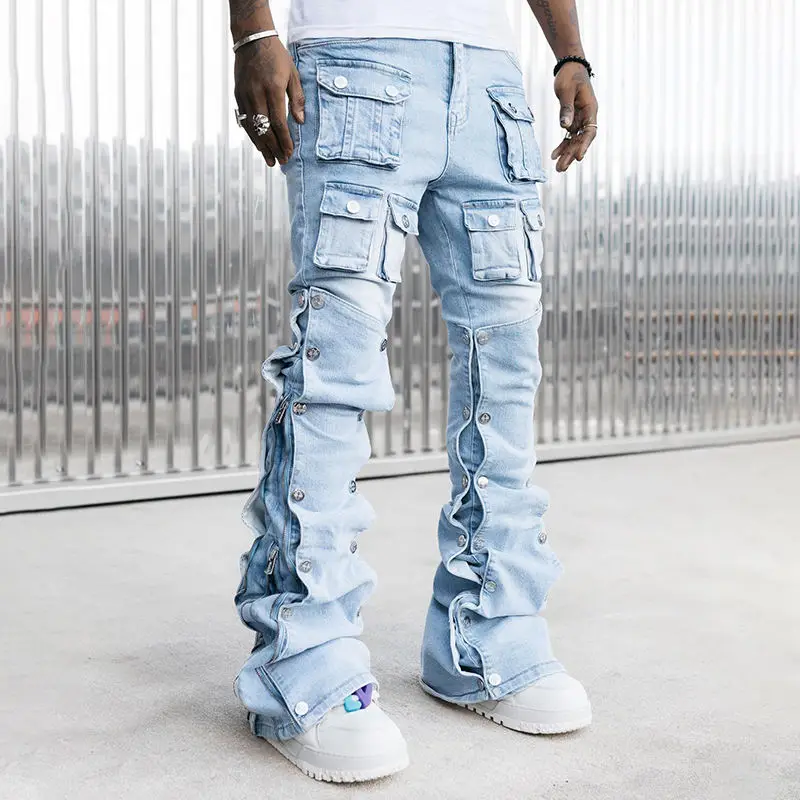 Salati Custom New Sun Faded Stone Acid Wash Boot Cut Carpenter Skinny Distressed Man Cargo Denim Pant Trousers Stacked Men Jeans gallery 7