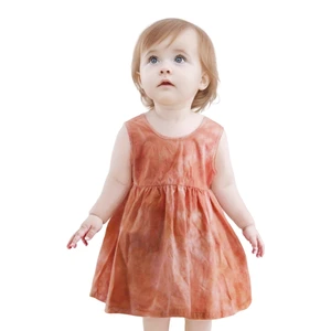 Wholesale Natural Dye Tie Dye Sleeveless Dark Pink Baby Girl Dress Cute Cartoon Pattern Ruffle Plant-Dyed Baby Clothes