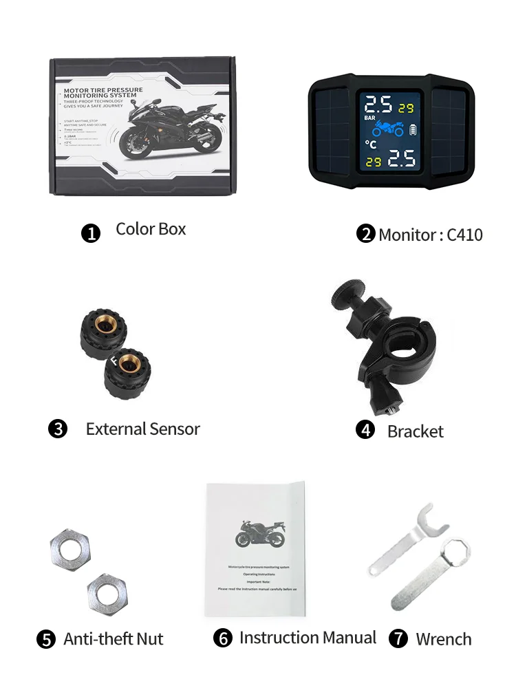 Wireless Motorcycle Tire Pressure Monitoring System TPMS LCD Fit Motor Scooter Bike