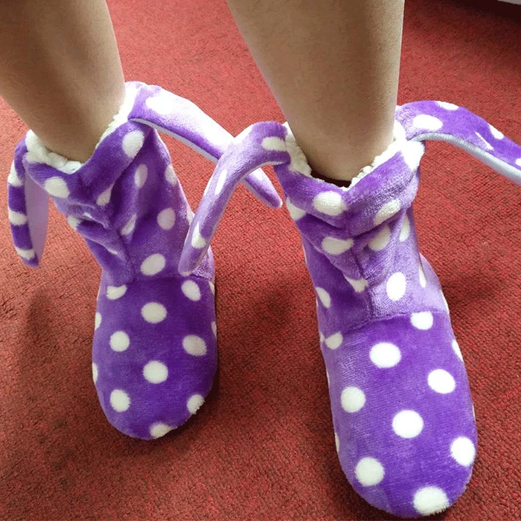 Новинка, домашние сапоги из ПВХ с кроличьими ушками для взрослых, Нескользящие домашние теплые плюшевые сапоги в горошек, обувь для раннего развития