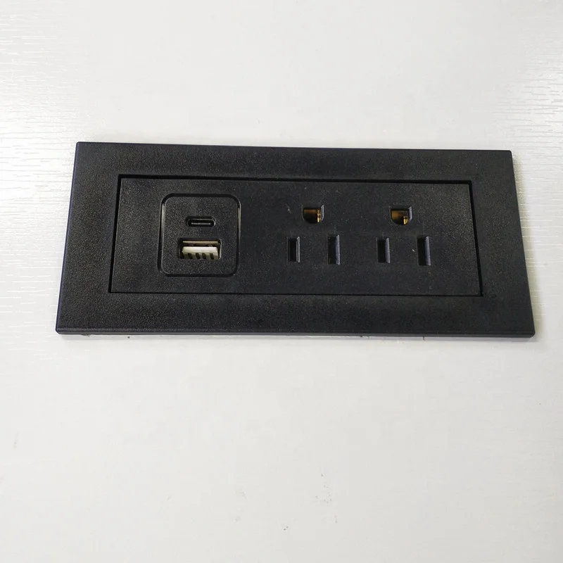 Gold US Standard Recessed Drawer Power Strip with USB C Port Socket Office Desk Embedded Flush Mounted Power Plate Socket