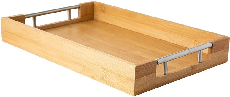 Bamboo Handmade Wood rectangular Serving Tray with metal handle