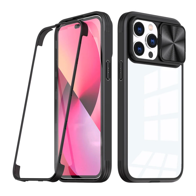 Double Side Cover Protective 2 in 1 Shockproof TPU PC Transparent Push Camera Window Mobile Phone Case for iPhone 14 13 12 11