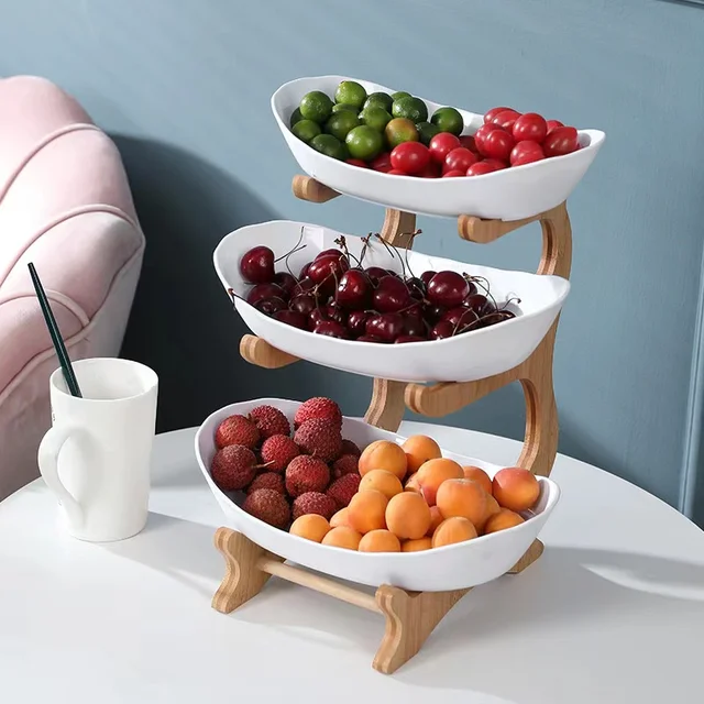 New design 3 tiers porcelain salad fruit serving bowls snack plate creative modern dried fruit basket with wooden stand