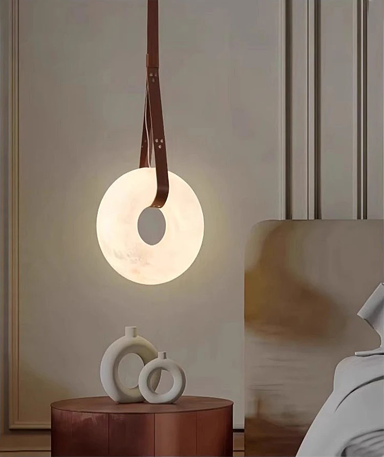 Nordic Suspension Natural Marble Ring Lighting Adjustable Height Chandelier Bedside Copper Pendant Lamp