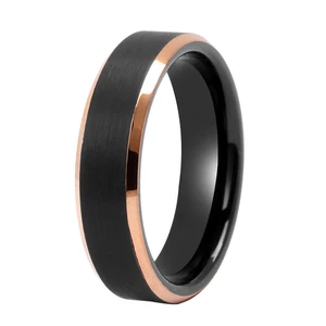 Two Tone 6mm Men's Wedding Band Black Tungsten Ring With 18K Rose Gold Beveled Edges Matte Finish Tungsten Carbide Ring