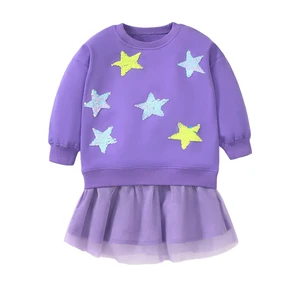 Customizable New Style Baby Girl Sequin Tulle Dress Long Sleeve Spring Fall Star Pattern Casual Dress