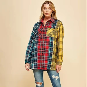 Ladies' Red Yellow Green Checkered Casual Shirt Turn-down Collar Fashionable Daily Print Cotton Polyester Long Breathable Spring