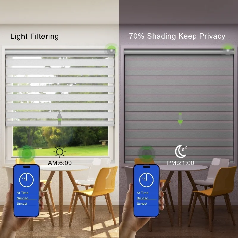 Double Layer Zebra Roller Blinds WiFi Smart Control Day and Night Shade Motorized Zebra Blinds