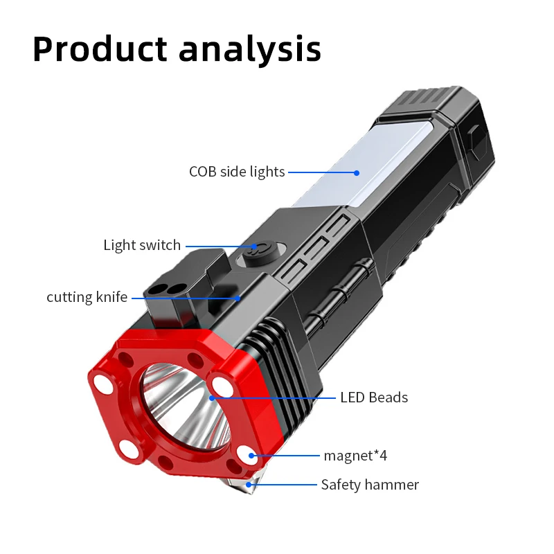 Function Usb Rechargeable Led Flashlight Safety Torch Window Breaker and Seatbelt Cutter Flashlight