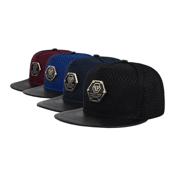 Factory Wholesale Custom 5 Panel Gorras Plain Leather Bill Metal Logo Mesh Snapback Hat Cap