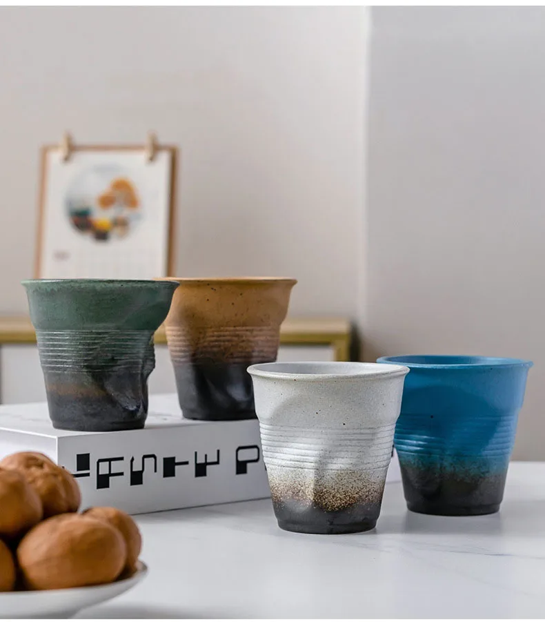 3D Paper Cup Design Reusable Pinched Mugs Creative Irregular Crumple Coffee  Mug Italian Espresso Cups Crinkled Pottery Cup