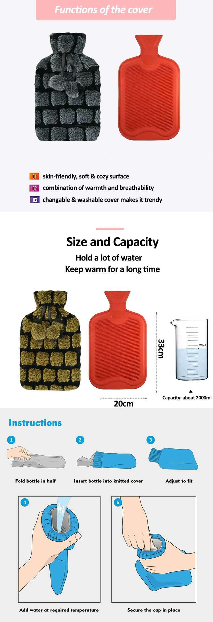 wholesale custom plush fur soft rubber hot water bag hot water bottle 2 liter cover