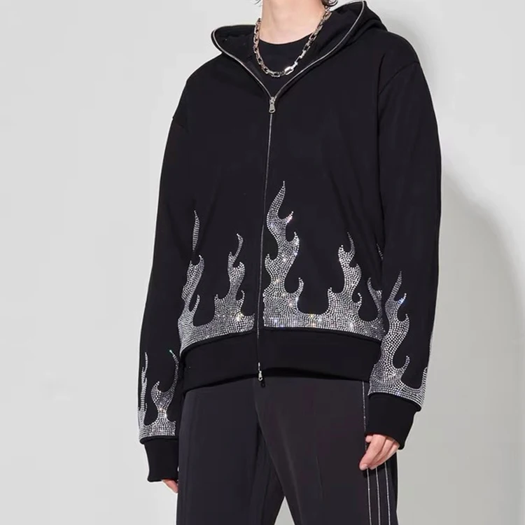 Custom Streetwear Oversized Men's Zip Up Hoodie with Flame Rhinestone Design 330grams French Terry Fabric
