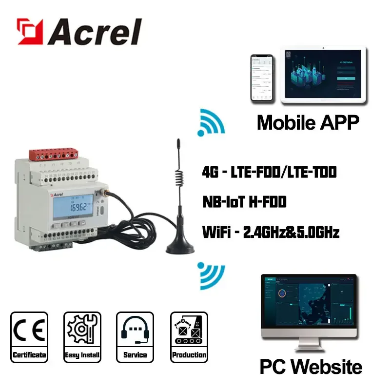 ADW300 Acrel Three Phase 4g Wifi Wireless Din Rail Meter For Telecom Tower With 12v Power Supply And Software