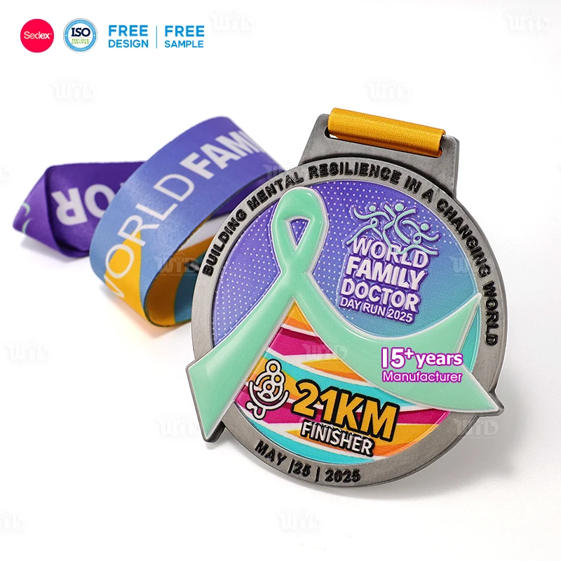 High Quality 3D Custom 21Km Marathon Running Finish Award World Family Doctor Day Medal Personalized LOGO UV Printing Trophies