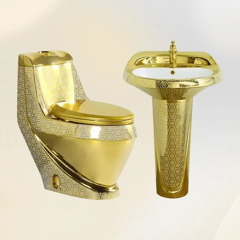 Ceramic Sanitary Ware Suite Bathroom WC One-Piece Plating Gold Color bathroom toilet and Pedestal sink set