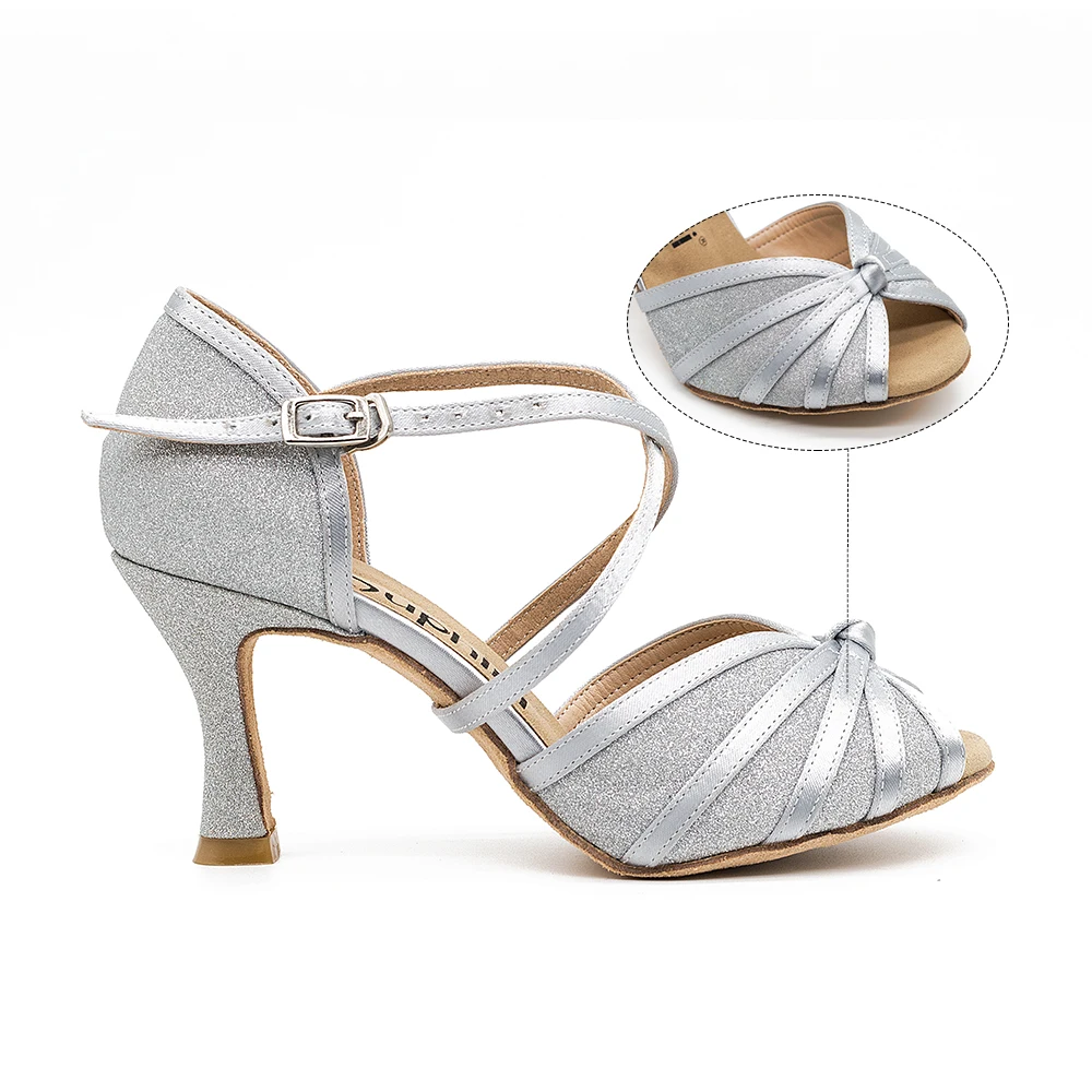 Серебристые Сатиновые блестящие женские сандалии для бальных танцев с открытым носком для латинских танцев сальса