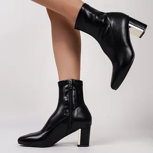 BUSY GIRL QLD25 French Simple Soft Sheepskin Pointed Toe Skinny Women Boots Gentle Plus Velvet Thick Heel Short Boots for Women