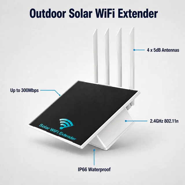 300Mbps Solar WiFi Repeater 4 Antenna IP66 Waterproof 120m Range Outdoor for Rooftop Terrace Balcony Deck Walkway Coverage