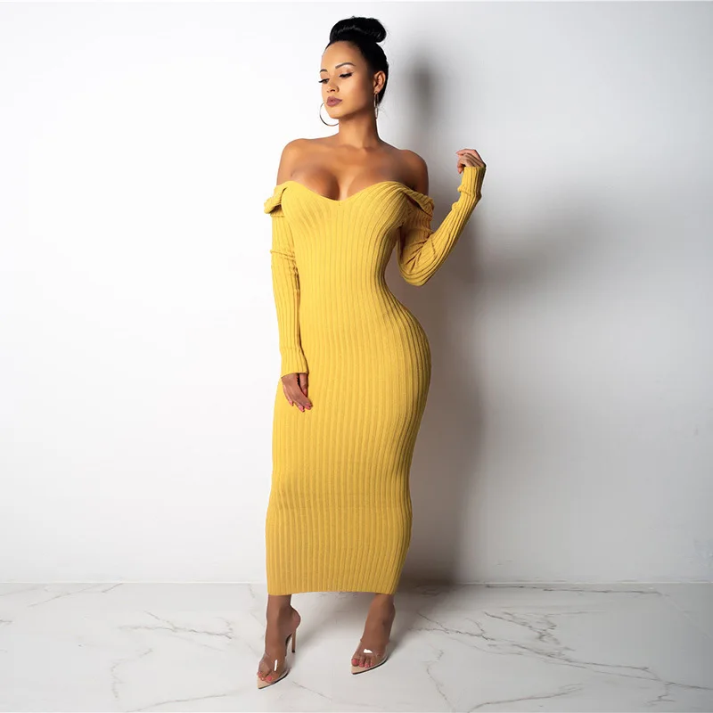 2021 Best Ruched Spaghetti Strapped Design Off Shoulder Women Club Wear Long Sleeve V Neck Bodycon Sexy Sweater Spring Dresses
