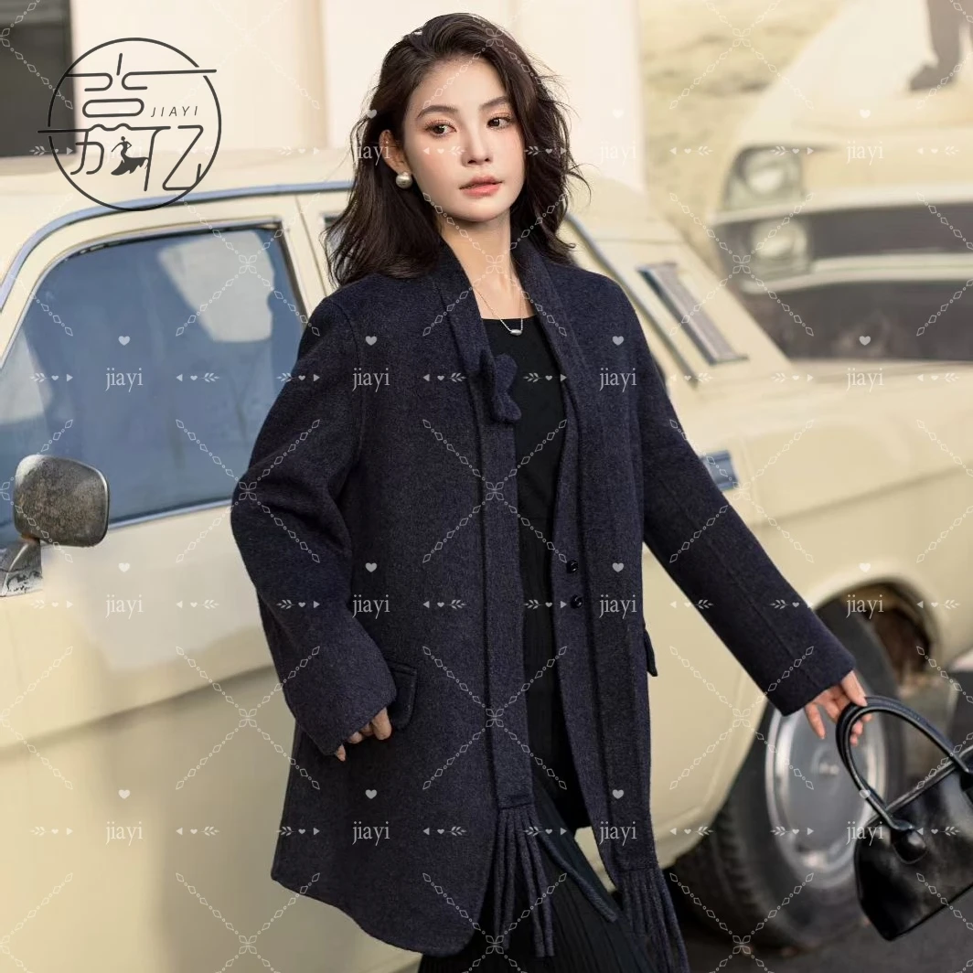 Handmade Women's Double Faced Wool Overcoat Spring Winter Long Trench Fitted Wool Coat Single Breasted Closure