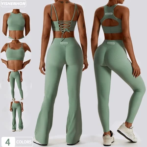 YISHENHON Gym Fitness Set Women Hanging Neck Sports Halter Bra Yoga Pants V Cross Waistband 4 Pcs Yogawear Women Workout Sets