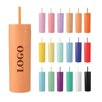 Wholesale Bulk 16 Oz Tumbler Plastic Cup Straw Matte Frosted Double Wall Reusable Plastic Tumblers with straw