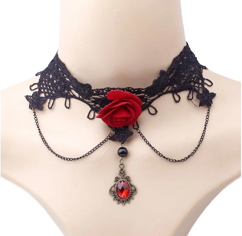Elegant Red Flower Gemstone Pendant Necklace