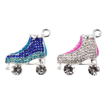 Small Enamel Charms Rhinestone Crystal Roller Skates Shoes Pendant for Necklace