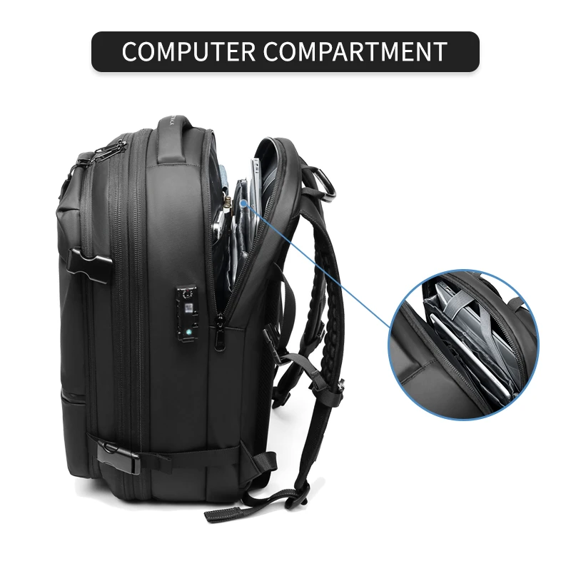 Zaino Sottovuoto Da Viaggio 60L Espandibile Con Pompa Integrata - Compressore Per Vestiti, Tasca PC 17", Lucchetto TSA