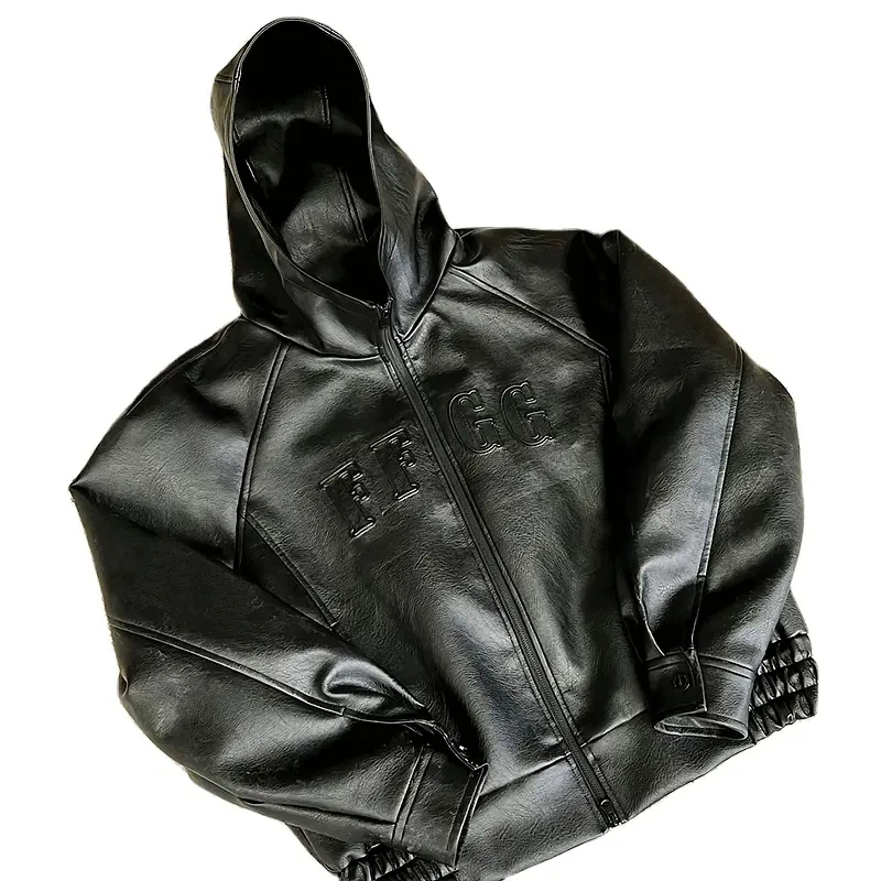 Custom High Quality Hoodie Jacket 3D Embossed Zip up Oversized Black Motorcycle Outwear Hip Hop Streetwear Leather Jacket Men gallery 7