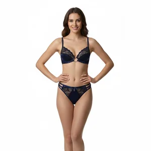 Top Panty Set with Bold Central Silver Ring Connector Hardware Intricate Floral Lace Sheer Women Lingerie for Sexy Underwear