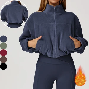 Autumn and Winter Drawstring Design Stand-collar Pocket Women Sports Jacket Zip up Activewear Sports Jacket