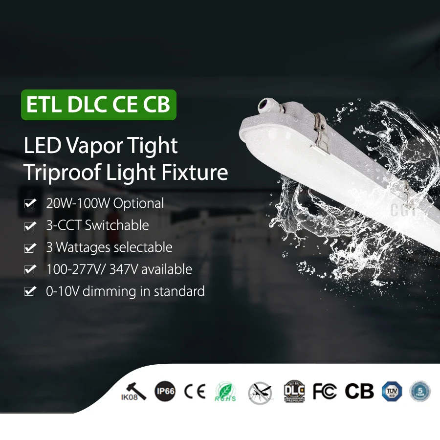Тройной светильник Power CCT, переключаемый, 4 фута, 8 футов, мастерская, IP66, водонепроницаемый, плотный Светодиодный линейный светильник