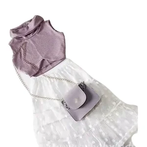 2023 Fashion Kids Girls Dress Suit Sleeveless Turtleneck Vest with Dots Tulle Lace Skirt 2Pcs Sets Kids Clothing Summer