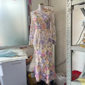 Mesh Flower Embroidery Dresses for Women Round Neck Long Sleeve High Waist Causal Elegant Trumpet Dress Female New Clothing