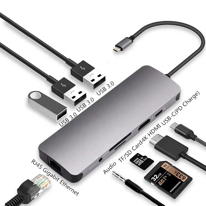 BMWY USB C Hub to Gigabit Ethernet 5 in 1 USB Type C Hub Adapter for Pro 3 USB-C Charger PD USB Color : Gray