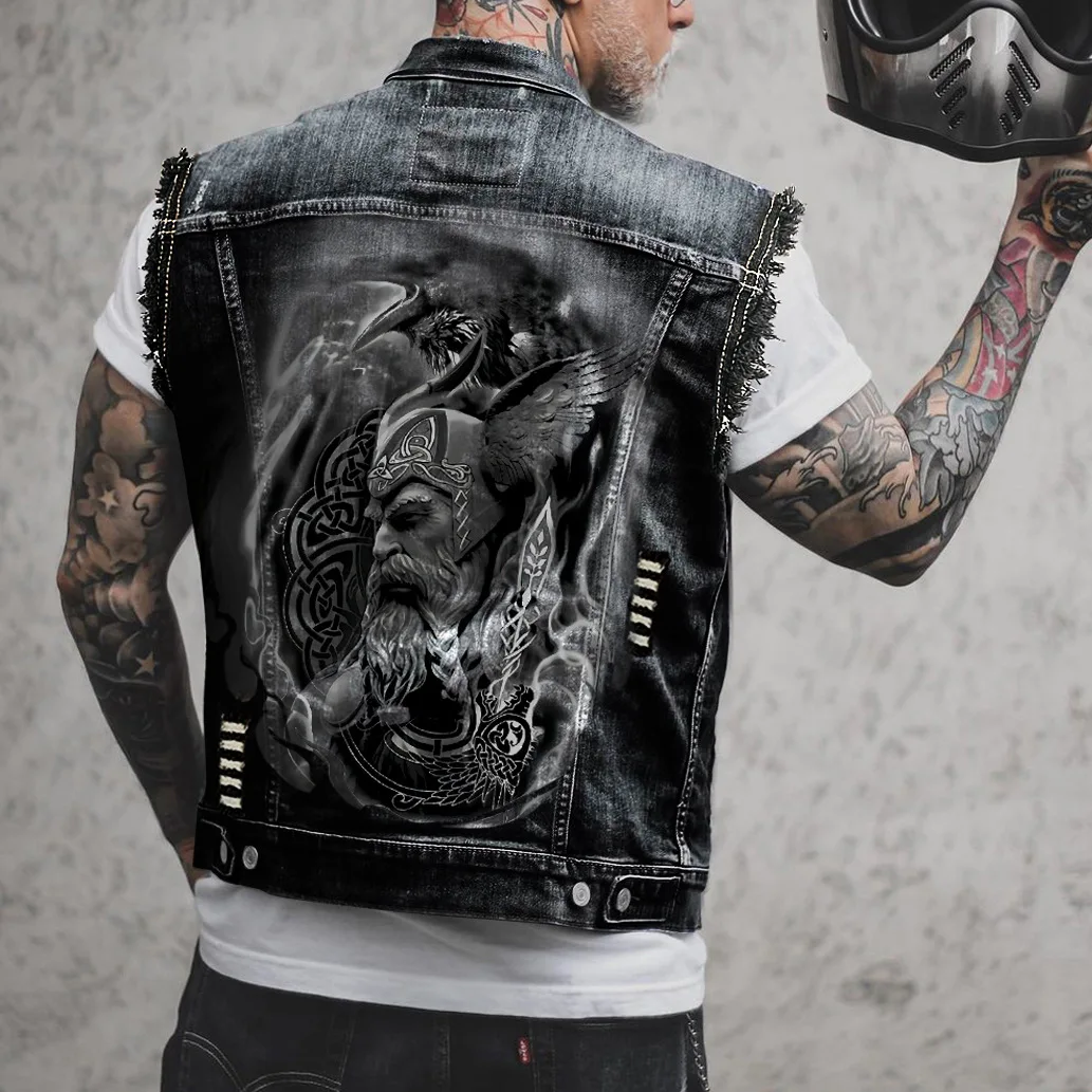 Vintage Denim Vest Jean Vest Black Denim Motorcycle Black Blue Biker Viking Graphic Sleeveless for Men details
