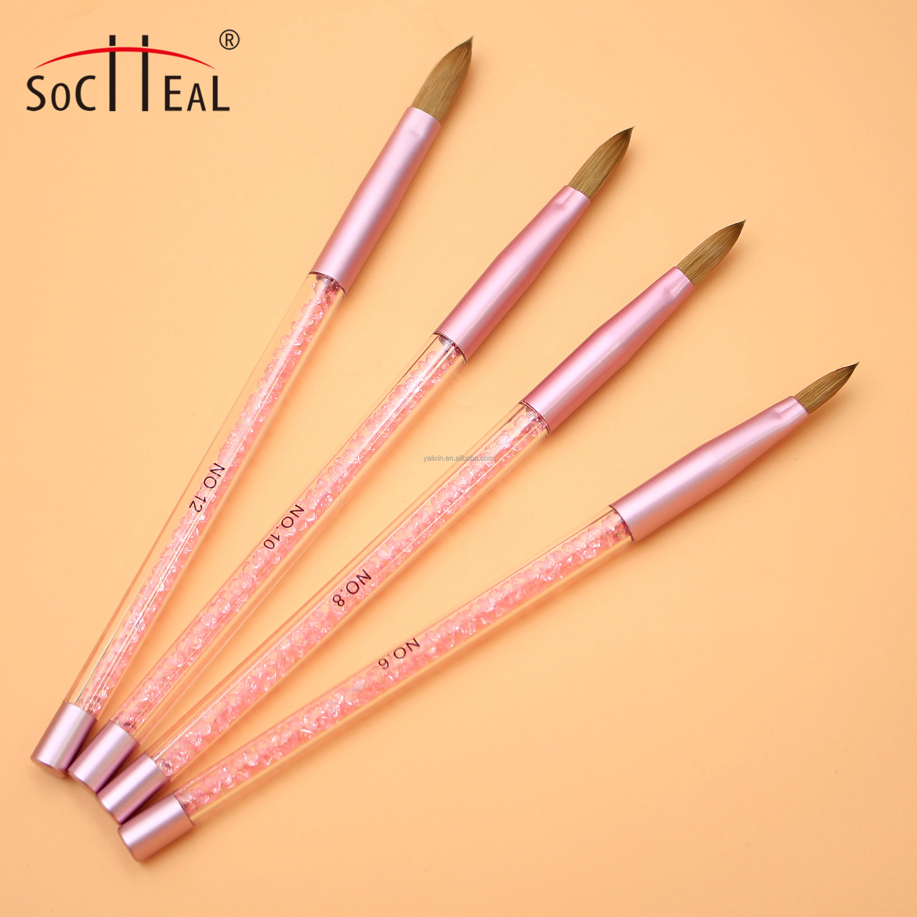 Professional Custom Crimped & Round 100 Pure Kolinsky Acrylic Nail Brush With Pink Rhinestone