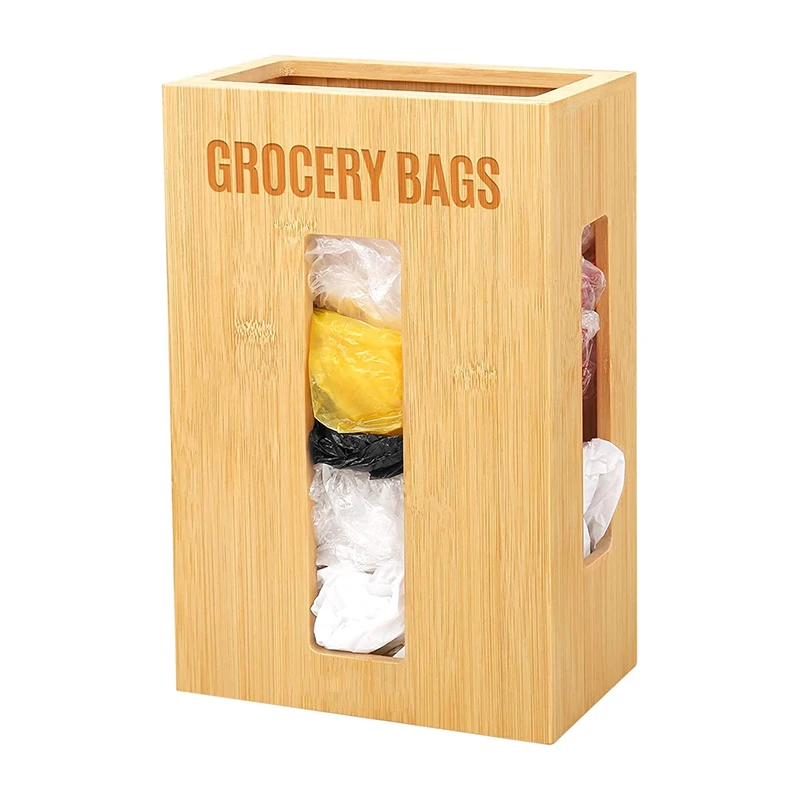 2026 New Products Rectangle Wall Mounted Lacquer Bamboo Trash Bag Holder Eco-friendly Garbage Bag Dispenser for Kitchen Cabinet