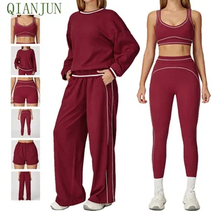 New Style Women Contrasting Color Long Sleeves Gym Fitness Set U-Shaped Beauty Back Bra Workout Running Streetwear