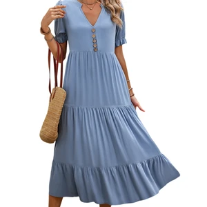 2025 Summer New European and American Short Sleeved Pleated Skirt Loose V-neck Long Skirt