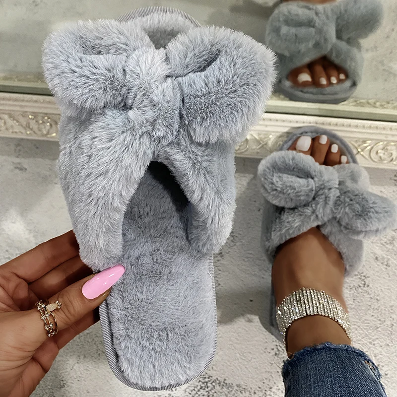 Wholesale Indoor Bow-Knot Women Fur Slippers Gray Faux Fur Warm Plush Shoes Home Ladies Fluffy Slippers From m.alibaba.com