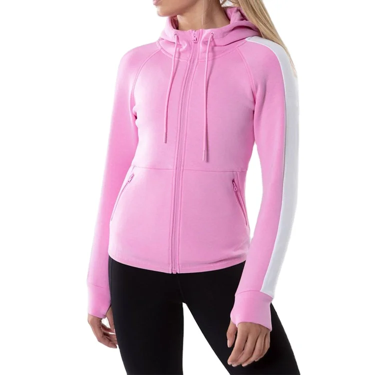 Women Fashion Design Sport Gym Cotton Full Zip Side Zip Pocket Color Block Hoodie